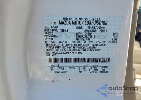 2008 Mazda Tribute I z USA, uszkodzony, nr VIN 4F2CZ92Z98KM14803